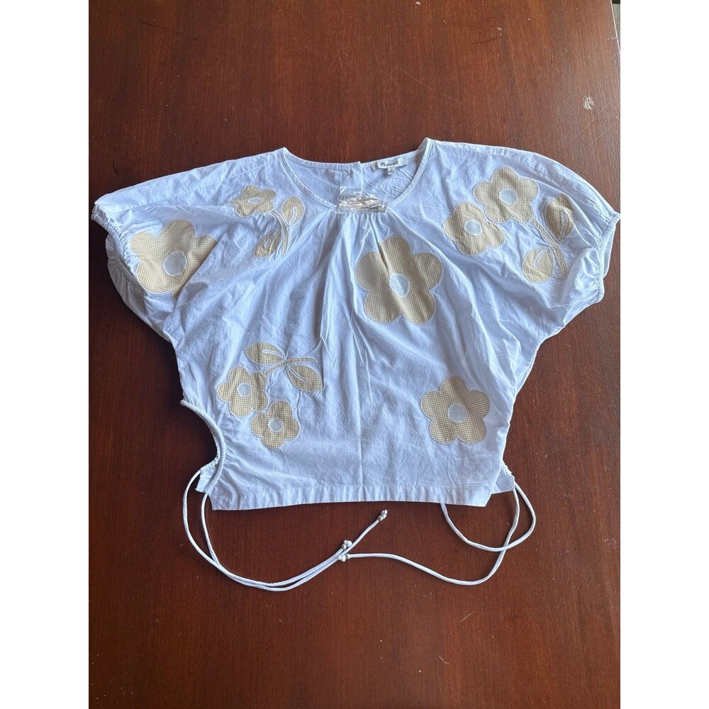 Madewell Poplin puffy sleeve embroidered flower top NWT